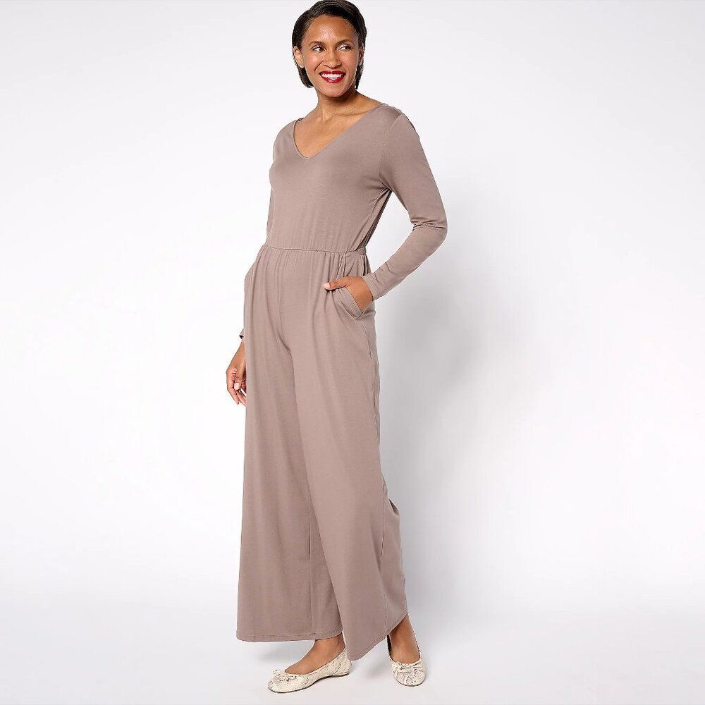 AnyBody Smokey Taupe Plus Size 2X Jumpsuit w. Pockets V-Neck Drawstring Waist